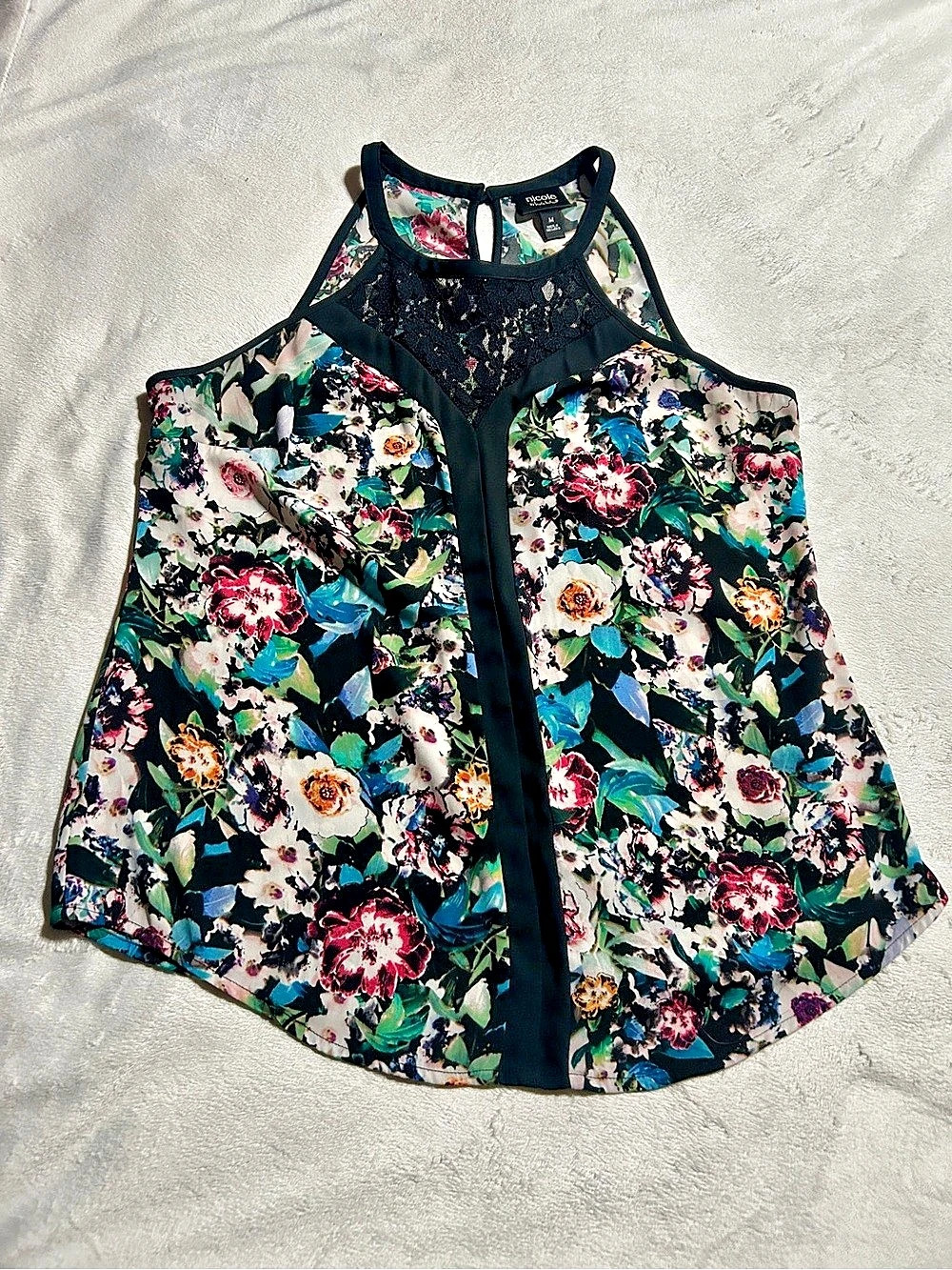 Nicole by Nicole Miller Floral Lace Yoke Tank Top in Black Size Medium Like New